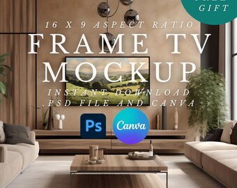 Organic Modern TV frame mockup, Landscape mockup, Living room interior mockup, Samsung TV art display, Digital horizontal tv frame OM3