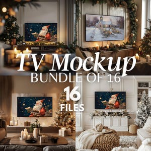 May include: A composite image showcasing a TV mockup bundle. The image features multiple scenes with TVs displaying festive artwork, including Santa Claus and winter landscapes. The text "TV Mockup BUNDLE OF 16 FILES" is prominently displayed.