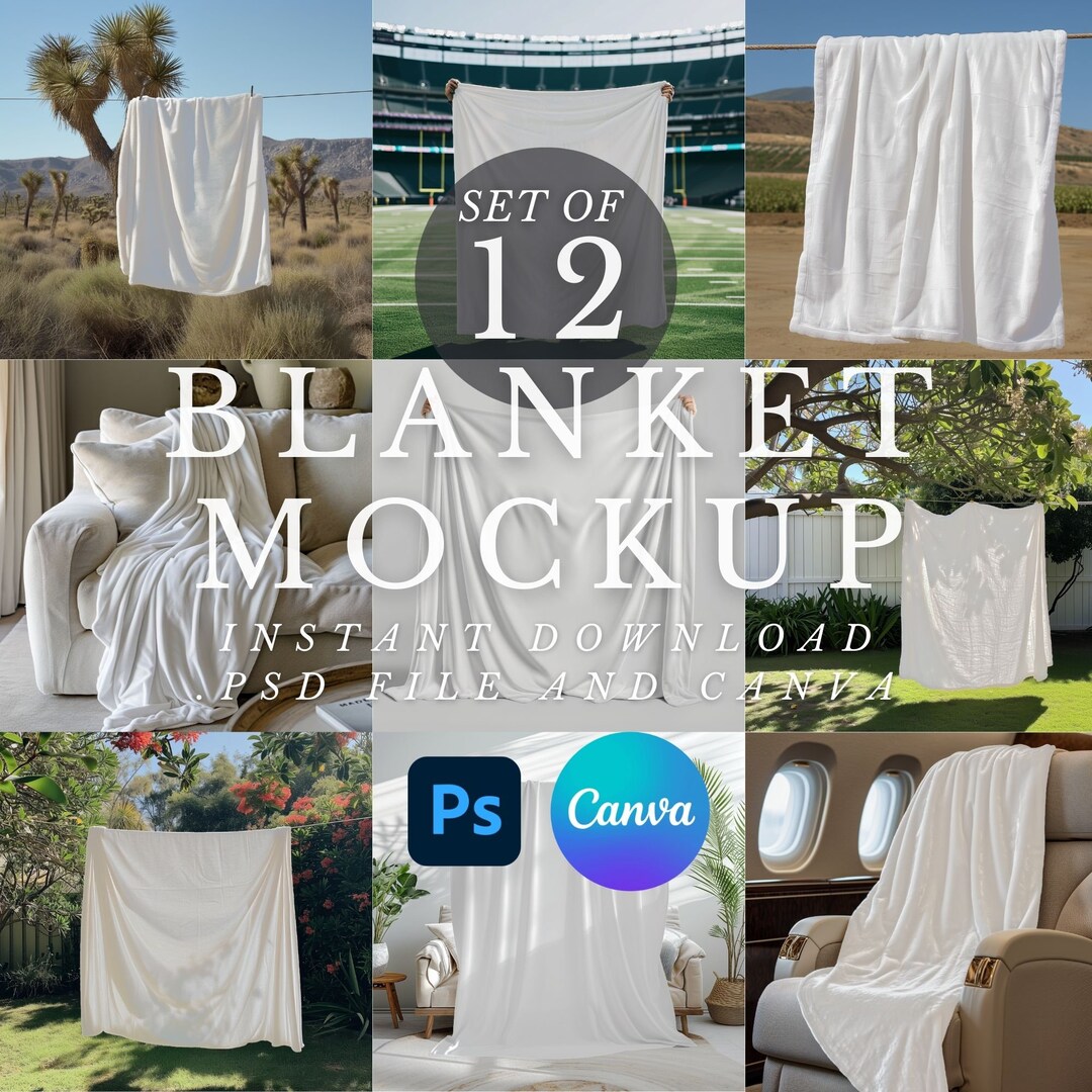 Blanket Mockup Bundle of 12, Canva Drag & Drop, PNG, PSD Smart Object