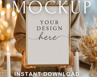Christmas Frame Mockup | DIN A Smart Objects | Warm Golden Candlelight Holiday Wall Art Mockup | Vertical Poster Mockup for Festive Prints