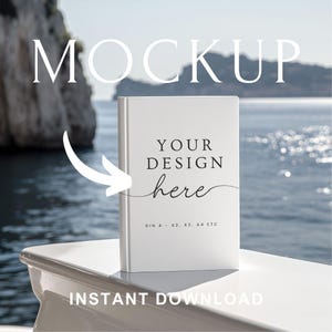 A5 Hardcover Book Mockup PSD – Minimal Coastal Scene with Smart Objects | Realistic Journal, KDP, Notebook Cover Template