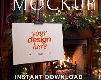 Festive Holiday Wedding Sign Mockup, 24 x18 Horizontal Poster on Easel, Christmas Reception Sign Template, Moody Venue Mockup Landscape