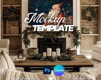 May include: A digital mockup template featuring a living room with a fireplace, a wooden coffee table with four white pillar candles, and a television screen displaying a Santa Claus illustration. Text includes Mockup Template, PSD and PNG, and 300 dpi high res.