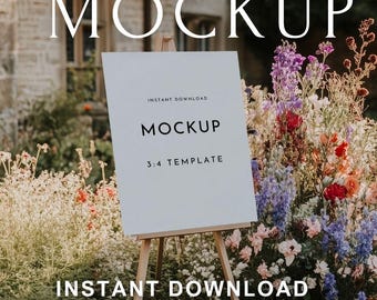 Outdoor Wedding Sign Mockup PSD | 3:4 Ratio Canva Template | Easel Sign Mockup for Welcome Sign, Seating Chart, Printable Poster Display