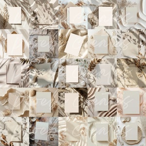May include: A collage of 25 images featuring blank white cards on various neutral backgrounds. The backgrounds include textured paper, fabric, dried flowers, and natural elements. The cards are arranged in a grid pattern, creating a minimalist and elegant aesthetic.