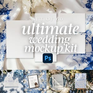 Maquetas de boda estilo chinoiserie / Maquetas PSD de toile azul y blanco para invitaciones, letreros, menús, tarjetas de lugar, iPhone, iPad, diseño plano