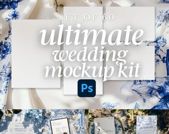Puede incluir: Conjunto de 60 maquetas de boda definitivas. El kit incluye varias maquetas de papelería de boda, como invitaciones, tarjetas de guardar la fecha, menús y señalización. Las maquetas se colocan sobre un fondo blanco con acentos florales.