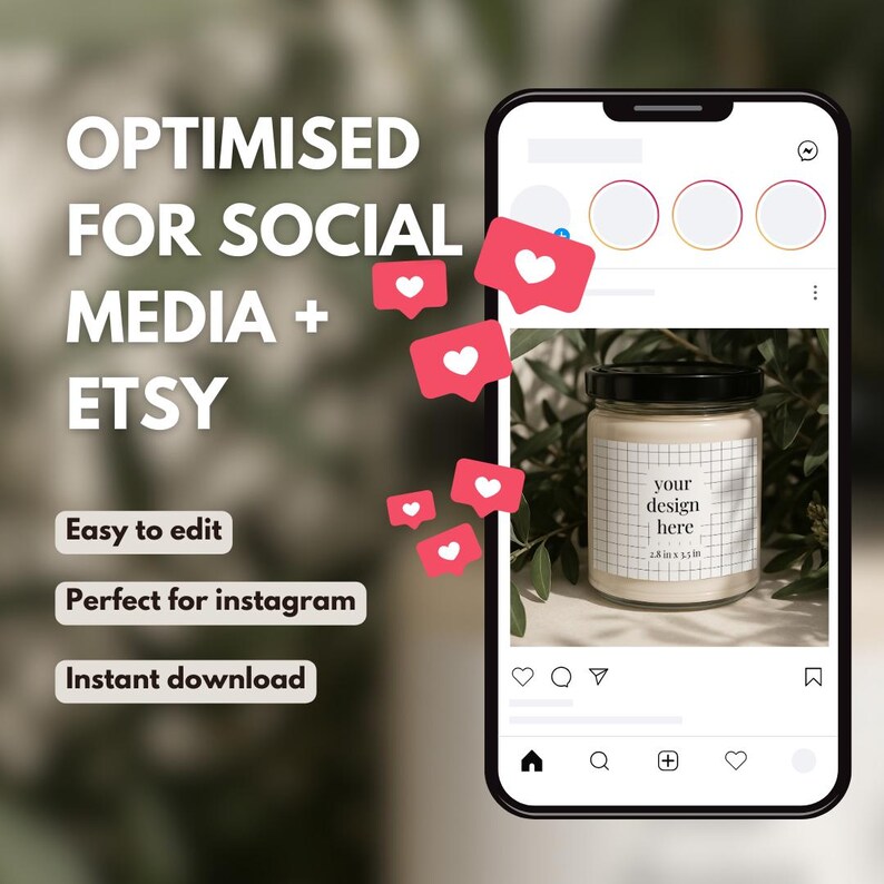 May include: A mockup of an Instagram post featuring a candle with a white label that says "your design here". The candle is in a clear glass jar with a black lid. The background is a blurred image of green leaves.