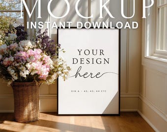 Floral Frame Poster Mockup PSD – DIN A Sizes (A2, A3, A4) Vertical Wall Art, Wedding Sign, Invitation Display Template
