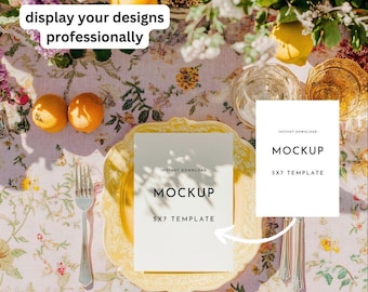 5x7 Invitation Mockup Summer Table Setting | Striped Picnic Card Template with Colorful Glassware | Wedding Stationery Flat Lay