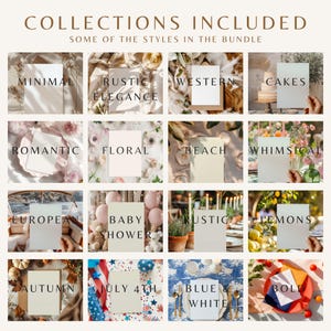 May include: A collage of 16 images showcasing different design styles for digital planners. Each image features a blank card or page with a background scene, including rustic elegance, cakes, romantic, floral, beach, whimsical, European, baby shower, lemons, autumn, July 4th, blue and white, and bold.