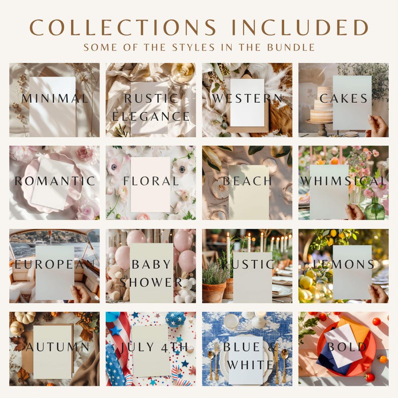 May include: A collage of 16 images showcasing different design styles for digital planners. Each image features a blank card or page with a background scene, including rustic elegance, cakes, romantic, floral, beach, whimsical, European, baby shower, lemons, autumn, July 4th, blue and white, and bold.