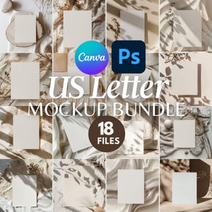 Plantillas de negocios bohemias para Canva PSD: 18 diseños de letras estadounidenses neutrales; paquete de bienvenida editable, lista de precios y guía del cliente.