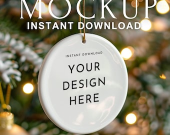 Round Ceramic Ornament Mockup | Christmas Tree Bauble Mockup PSD & PNG | Holiday Photo Ornament Template with Smart Object | Personalized