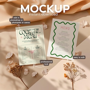 May include: Mockup of two printable cocktail menu templates. The first template features a green and pink color scheme with the text "Cocktail Menu". The second template features a green and white color scheme with the text "Menu".