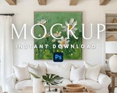 Square Wall Art Mockup in Neutral Farmhouse Interior | Minimalist PSD Template for Digital Prints & Canvas | Square Frame Mockup JPG