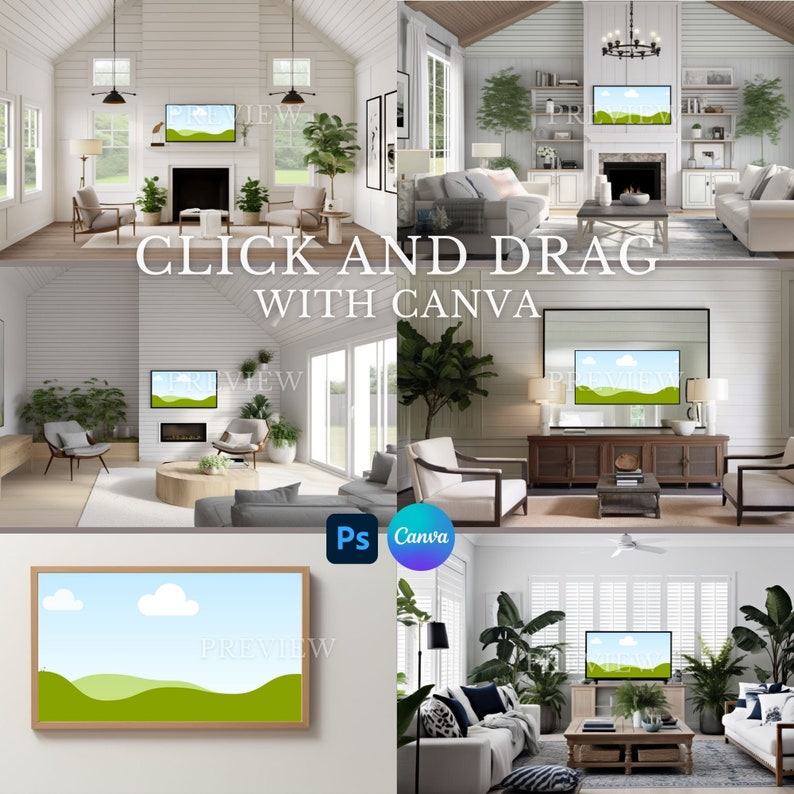 TV Frame Mockup BUNDLE of 12, Canva Mockup, Modern Farmhouse Mockup, Tv