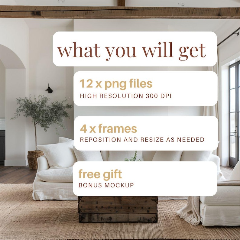 May include: A digital download of 12 high-resolution PNG files, each 300 DPI, featuring 4 frames. The frames can be repositioned and resized as needed. A free bonus mockup is also included.