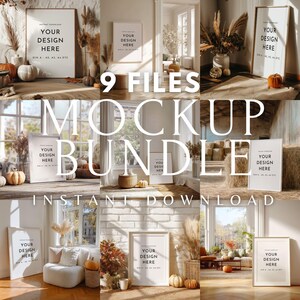 May include: A mockup bundle featuring nine different framed art prints. Each frame displays the text "YOUR DESIGN HERE" and is surrounded by autumnal decor, including pumpkins and dried grasses. The words "9 FILES MOCKUP BUNDLE INSTANT DOWNLOAD" are also visible.