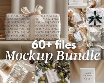 Gift Wrap Mockup Bundle – 60 PSD Files with Real Paper Textures, Fruit & Foliage Flat Lays, Hard Shadows – Wrapping Paper Design Mockups