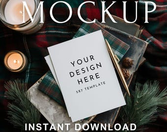 5x7 Mockup Ralph Lauren Christmas Invitation | PSD Smart Object | Plaid Tartan Holiday Flat Lay | Luxury Heritage Stationery Scene