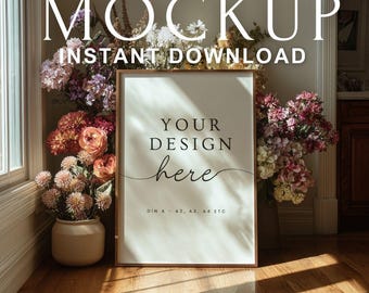 Floral Frame Poster Mockup PSD – DIN A Sizes (A2, A3, A4) Vertical Wall Art, Wedding Sign, Invitation Display Template