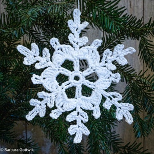 Puede incluir: Adorno de copo de nieve blanco tejido a crochet colgado de una rama de pino verde.