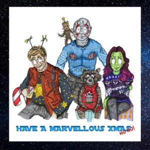 Biglietto di Natale ispirato ai Guardiani della Galassia, Drax, Star Lord, Gamora, Rocket, Groot, Cherry Bomb, Awesome Mix Tape