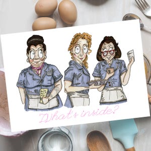Serveerster geïnspireerde kaart, Broadway, Show, Musical, Jenna, Taart, Bakken, Verjaardagskaart, Dank u, Vrienden, Elke Gelegenheid, Blanco, Quote, Tekening