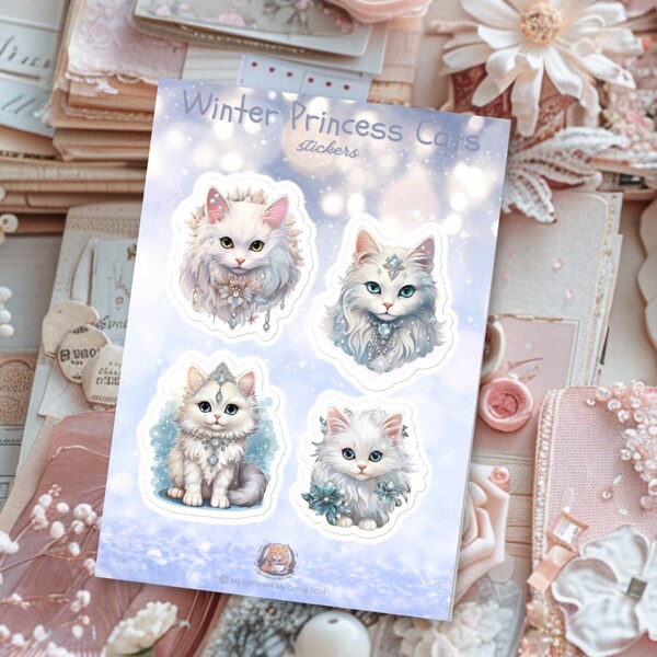 Princess Winter Cat Sticker Set - Elegant White Long Hair Cat Decals for Scrapbooking & Gifts