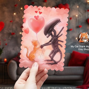 Juego de postales de Xenomorph Alien x Jonesy, lindas tarjetas de terror para el Día de San Valentín para fanáticos de los extraterrestres, regalo perfecto para San Valentín