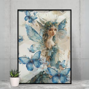Flower Fairies Print - Cottagecore Flower Fairy Artwork with Blue Butterflies, Perfect for Woodland Decor Lovers