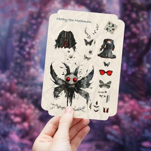 Cartolina di carta Mothman Paperdoll, Mothy the Mothman, carte criptiche carine e inquietanti, perfette per scrapbooking e journaling