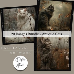 Beautiful Cat Art Digital Prints Set, 20 Antique Tone Illustrations for Home Décor, Unique Gift for Cat Lovers