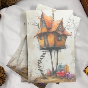 Cartes d'anniversaire Baba Yaga, aquarelle mignonne représentant une maison de cuisses de poulet pour les anniversaires, cadeau parfait pour des amis magiques