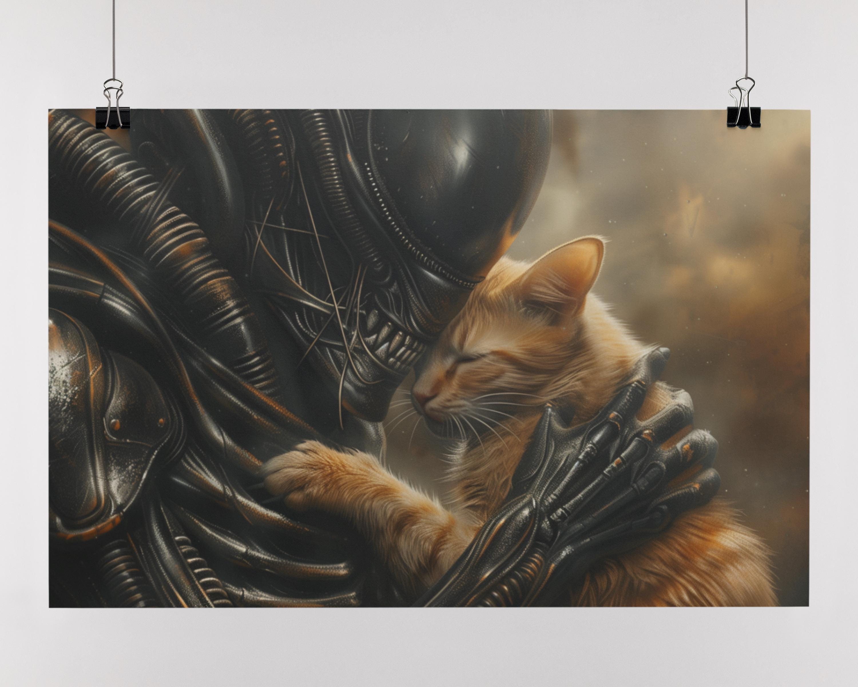 Xenomorph Alien X Jonesy Cat Art Print - Cute Horror Poster