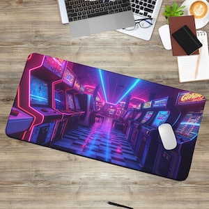 Alfombrilla de escritorio retro arcade: decoración neón cyberpunk para gamers