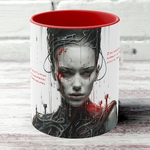 Cyberpunk Cyborg Girl Mug: Dystopian Sci-Fi Coffee Cup