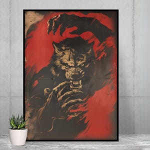 Werewolf Art Print - Retro Halloween Decoration Vintage Style Lycanthrope Poster, Gift for Monster Lovers