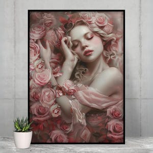 Aphrodite Goddess Art Print, Beautiful Greek Goddess of Love with Pink Roses, Romantic Wall Decor for Valentines Day