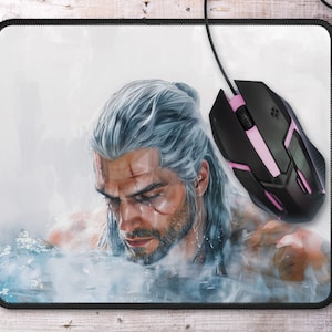 Witcher Geralt Mousepad - Geralt of Rivia Iconic Bathtub Art, Stitched Neoprene Gaming Pad, Unique Gamer Gift