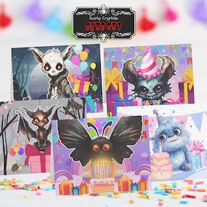 Cryptid-verjaardagskaartenset - Mothman, Yeti, Wendigo & More - Unieke monsterwenskaarten voor verjaardagsvieringen