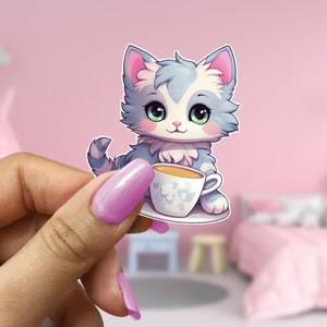 Cute Cat Sticker Kawaii Tea Cup Sticker Kitten Coffee Sticker Cute Pastel Cat Sticker Laptop Cutecore Kitten with Coffee Sticker Gift Cute
