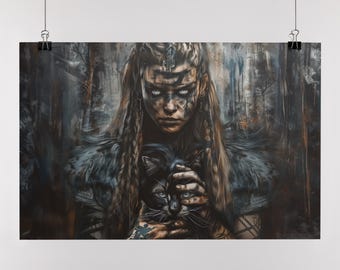 Freyja Goddess Art Print: Norse Viking Decor with Cat