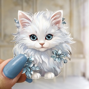 Sticker beau chat princesse Sticker chat d'hiver Sticker chat blanc poil long cadeau pour amoureux des chats Sticker joli chat Sticker chat avec bijoux Chaton