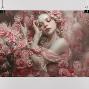 Aphrodite Goddess Art Print, Beautiful Greek Goddess of Love with Pink Roses, Romantic Wall Decor for Valentines Day