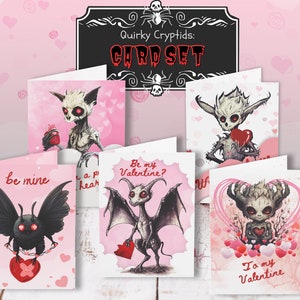 Juego de tarjetas de monstruos de San Valentín: tarjetas divertidas de Mothman Valentine, Cryptids Wendgio Skinwalker y Jersey Devil para el Día de San Valentín