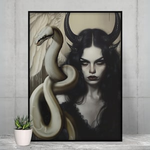 Lilith Goddess Art Print, Dark Goddess Art, Winged Lilith with Horns and Serpent, Divine Feminine Wicca Shadow Work