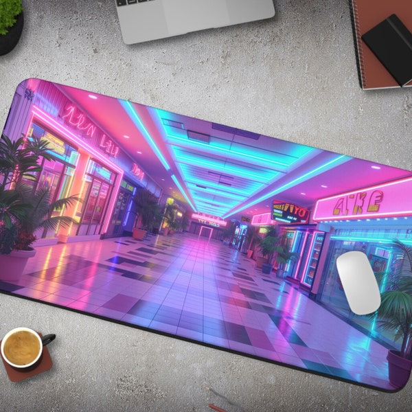 Retro Desk Mat - Cyberpunk 1980s Mall-Inspired Retro Mousepad, 80s Vibes Vaporwave Aesthetic, Cool Game Room Decor