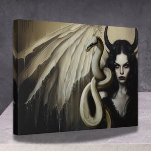 Lilith Goddess Canvas Print, Dark Goddess Art, Winged Lilith with Horns and Serpent, Divine Feminine Wicca Shadow Work
